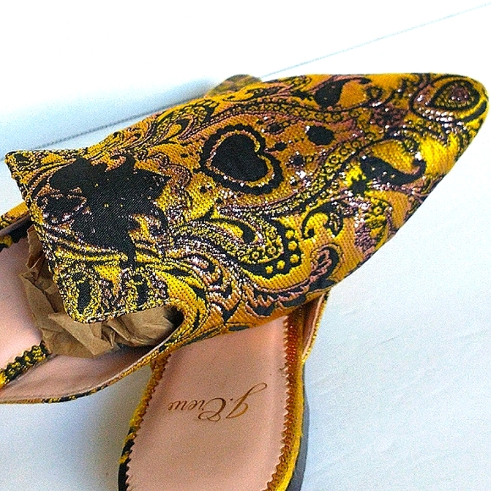 Excellent Used Pair J. Crew Marina Marigold/Black Brocade Pointed Toe Flat Mule - Picture 7 of 14